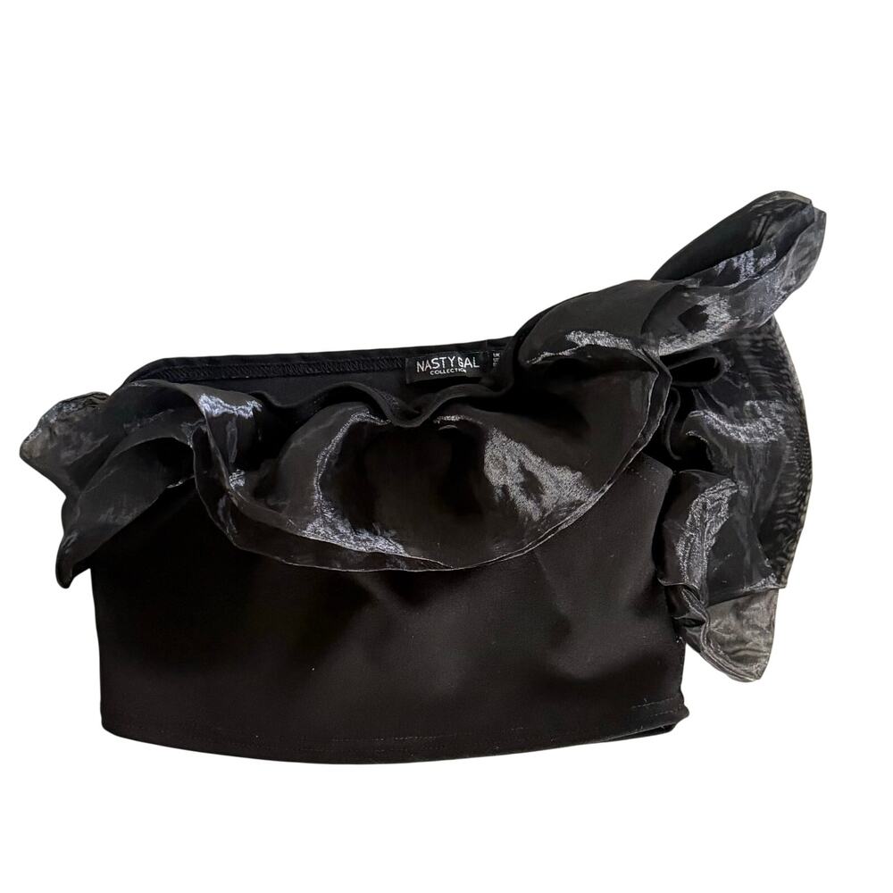 Nasty Gal Black Organza One Shoulder Ruffle Crop Top Size 0 XS NWOT